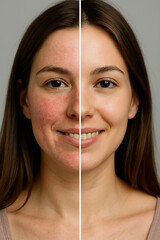Woman showing rosacea treatment before and after its effect
