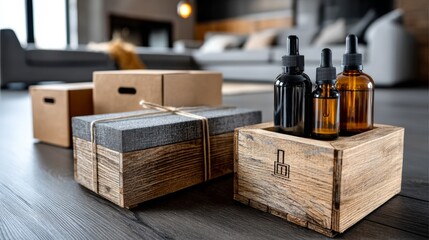 Modern wooden storage boxes and amber bottles in cozy room