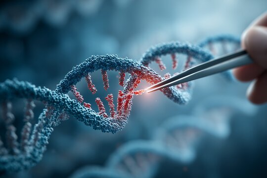 Biotechnologist scientist hand using tweezers to edit or manipulate the molecular structure of a human deoxyribonucleic acid DNA strand advanced medical technology research is