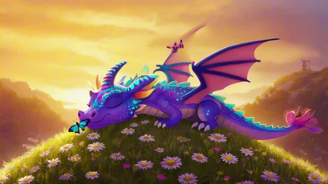 A dragon sleeping in a field of daisies, cartoon animation, giant mythical softness, peaceful contrast with destructive potential