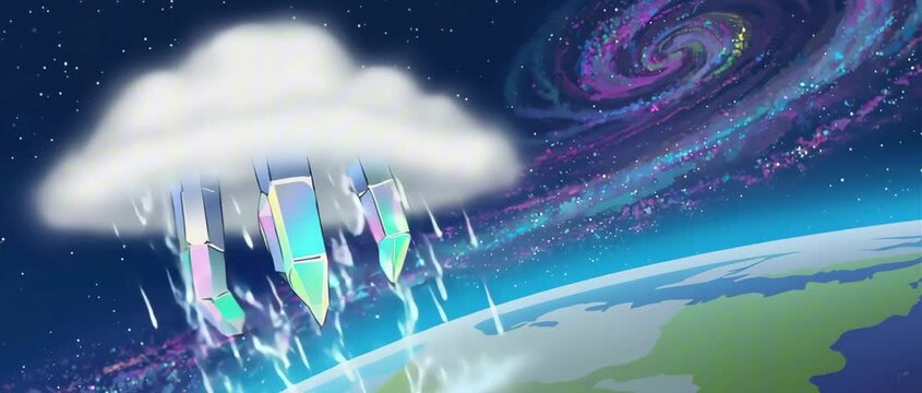 2:35:1 A raincloud above Earth with holographic crystal lightning bolts, cartoon animation, divine scale, soft falling rain 