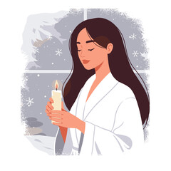 Young woman holding candle and meditating by snowy window  