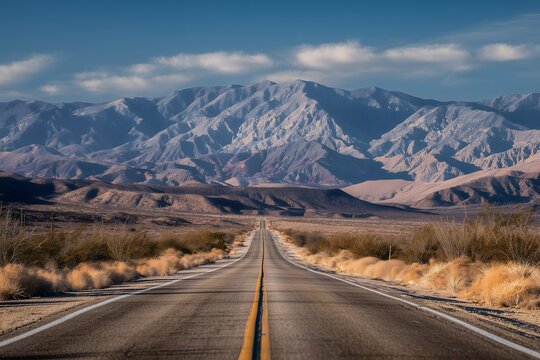 Expansive desolate desert highway disappearing into the distance towards rugged sunlit mountains under a vast blue sky offering a perspective of infinite journey adventure and