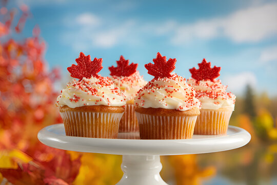 Delicious cupcakes celebrating canada day with maple leaf decorations - Powered by Adobe