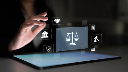 Legal compliance and governance concept showing justice scale, courthouse, contract, policy,...