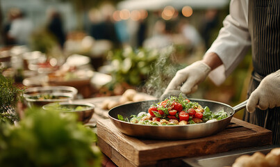 Obraz premium Chef preparing a dish with tomatoes and herbs in a pan at an outdoor event with blurred background