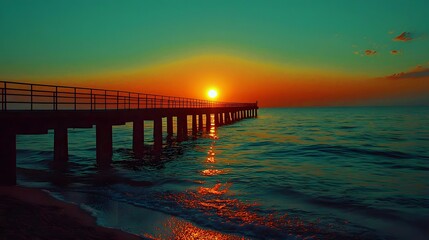 Obraz premium Stunning sunset over tranquil waters at a pier, casting golden reflections.