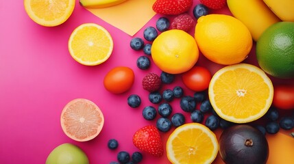 Flat lay of colorful citrus fruit slices on yellow background for summer food and vitamin freshness theme