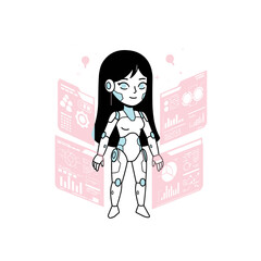 Cartoon female robot standing with data visualizations in background  