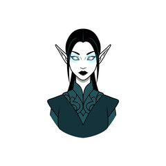 Fantasy elf character with long black hair and blue eyes  
