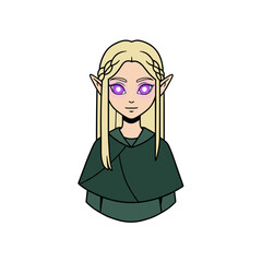 Fantasy elf character with blonde hair and purple eyes in cloak  
