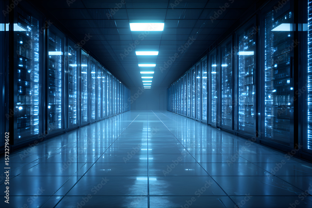 Poster server room corridor with data processing equipment blinking