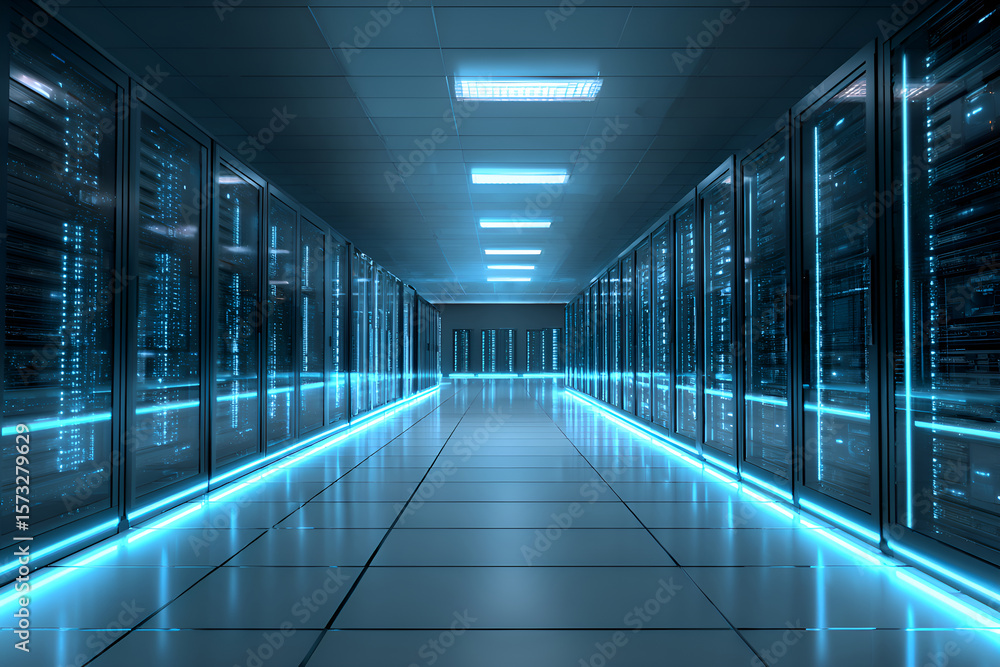 Poster server room with neon lights illuminating datacenter corridor