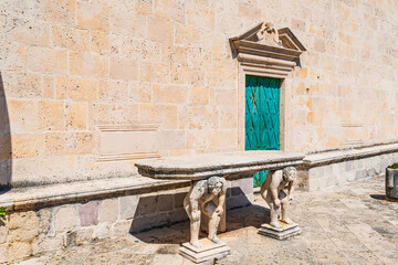 Stone table outside the church of Our Lady of the Rocks (Gospa od Skrpjela) on an artificial island...