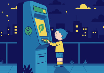 Young boy using eco-friendly ATM at night in urban setting  