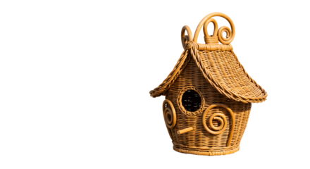 A charming wicker birdhouse with decorative swirls, placed against a plain background, ideal for nature-themed decor
