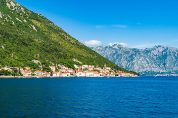 View of Perast town across the Bay of Kotor in Montenegro