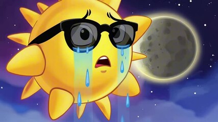 A crying sun wearing sunglasses during a solar eclipse, cartoon animation, glowing tears across shadow, bittersweet surrealism