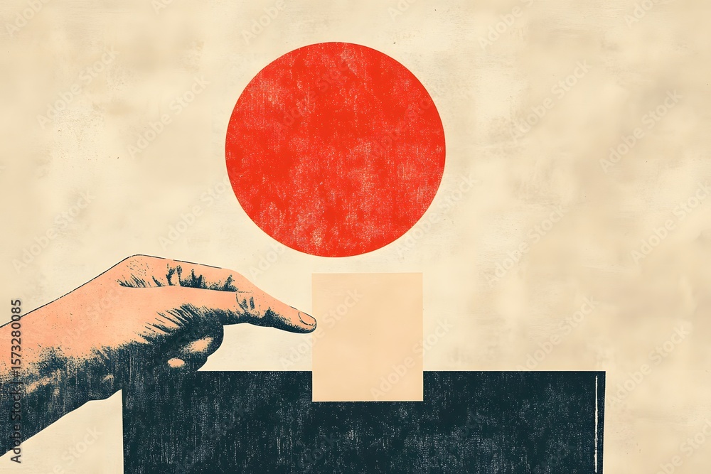 Poster hand placing a square shape into a black box, with a large red circle above, illustrating concepts o