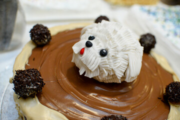 A round chocolate birthday cake decorated with chocolate in various shades and a fondant dog head in the middle