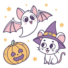 Cartoon halloween scene with a bat, a pumpkin, and a mouse wearing a witch hat surrounded by stars