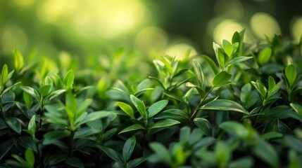 Green tea leaves growing in sunlight for organic agriculture background and natural fresh eco botanical farming