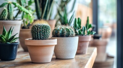 Fototapeta premium Cactus plants in pots lined up on windowsill in bright natural light for urban botanical interior decor background