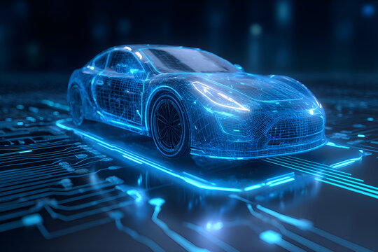 Autonomous electric car hologram being projected on circuit board