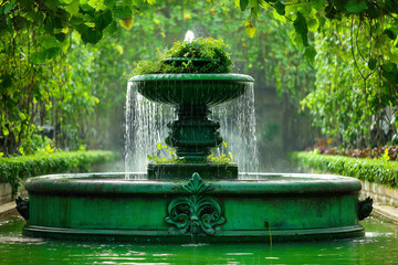 Serene Garden Fountain in Lush Greenery. Serene garden fountain surrounded by lush greenery, perfect for nature-themed designs and peaceful event settings.