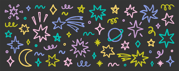 Chalk pencil stars and sparkles doodle set. Crayon moon, twinkle, blink, firework, glitter silhouette and glowing symbols in sketch style, Hand drawn vector illustration isolated on black background