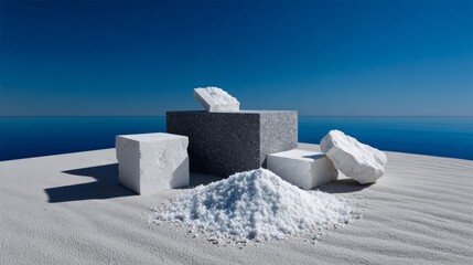 White cubes and rocks in desert landscape with clean blue sky for minimal outdoor scene rendering