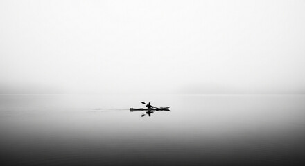 Minimalist scene featuring a lone kayaker paddling across a serene lake shrouded in a misty, monochromatic atmosphere.