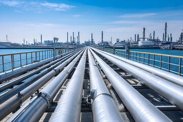 Pipelines leading to a petrochemical plant over water under blue sky