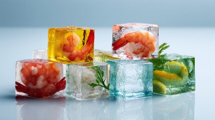 Ice cubes with fruits and herbs frozen inside on reflective white surface for summer freshness beverage concept