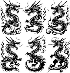 Oriental Dragon Tattoo Silhouette Design" vector bundle
