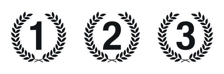 Set of three black laurel wreath icons featuring the numbers one two and three for first second and third place awards