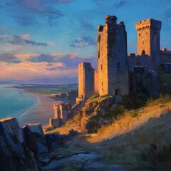 Fototapeta premium Sunset casting long shadows over ancient castle ruins--a --v 7 Job ID: e12fa2c0-6189-428e-9ca7-a1215a978627