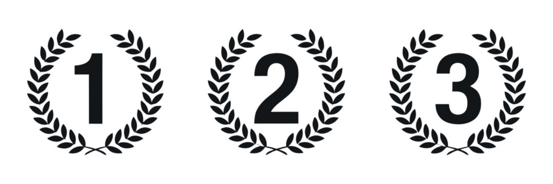 Set of three black laurel wreath icons featuring the numbers one two and three for first second and third place awards