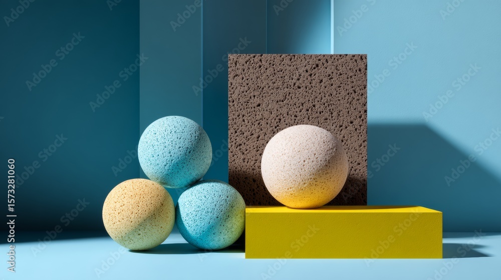Poster modern geometric product pedestal with colorful balls on blue background for design or minimal layou
