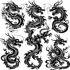 Oriental Dragon Tattoo Silhouette Design" vector bundle