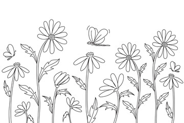 Abstract field of daisies with flying insects. Background with chamomile flowers. Botanical sketch. Minimalist art. Outline horizontal vector illustration.