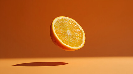 Isolated orange slice floating on orange background food and healthy eating