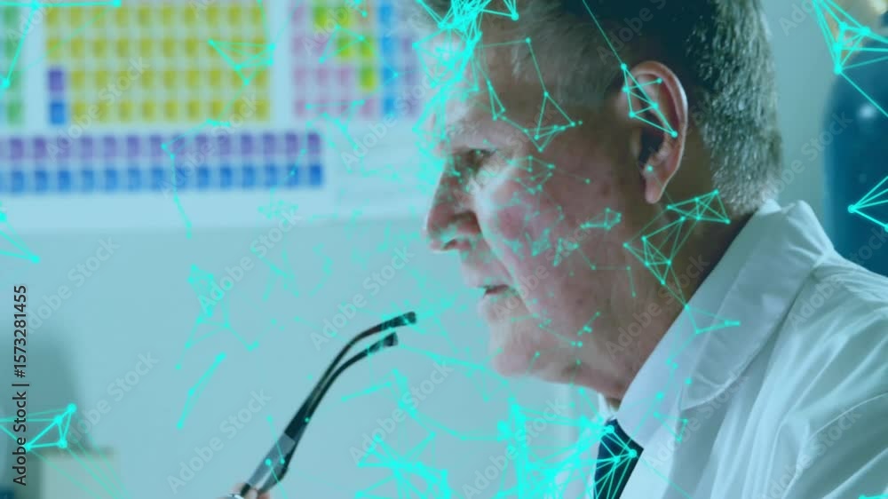 Poster senior scientist typing on laptop and initiating network overlay while analyzing chemistry lab data