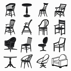 Collection of Classic Chair and Table Designs  Simple Black and White Illustrations