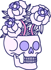 tattoo in traditional style of a skull and roses in bright neon color