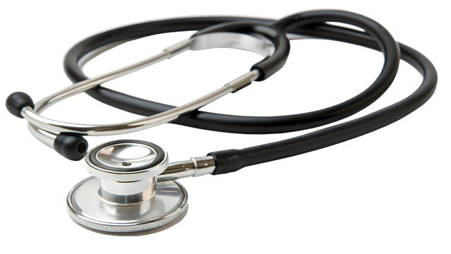 A silver and black stethoscope lies on a transparent background
