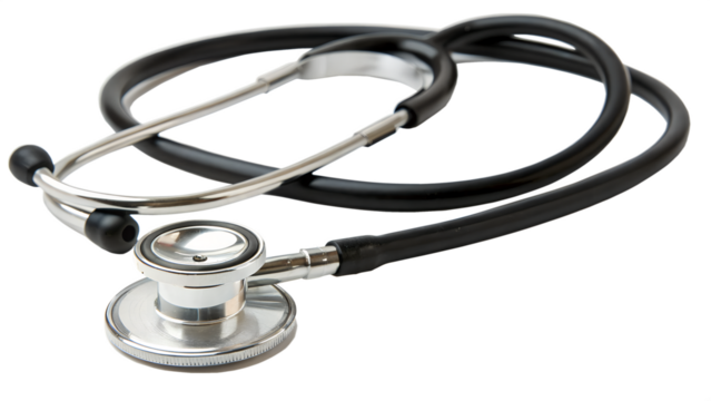 A silver and black stethoscope lies on a transparent background