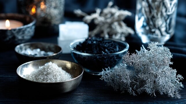 Assorted white powder spices and herbs in metal dishes for culinary and gastronomic minimalist kitchen background