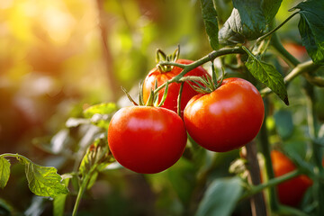 Ripe red tomatoes growing on the vine in a sunny garden