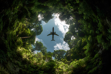 Airplane flying over lush tropical rainforest canopy